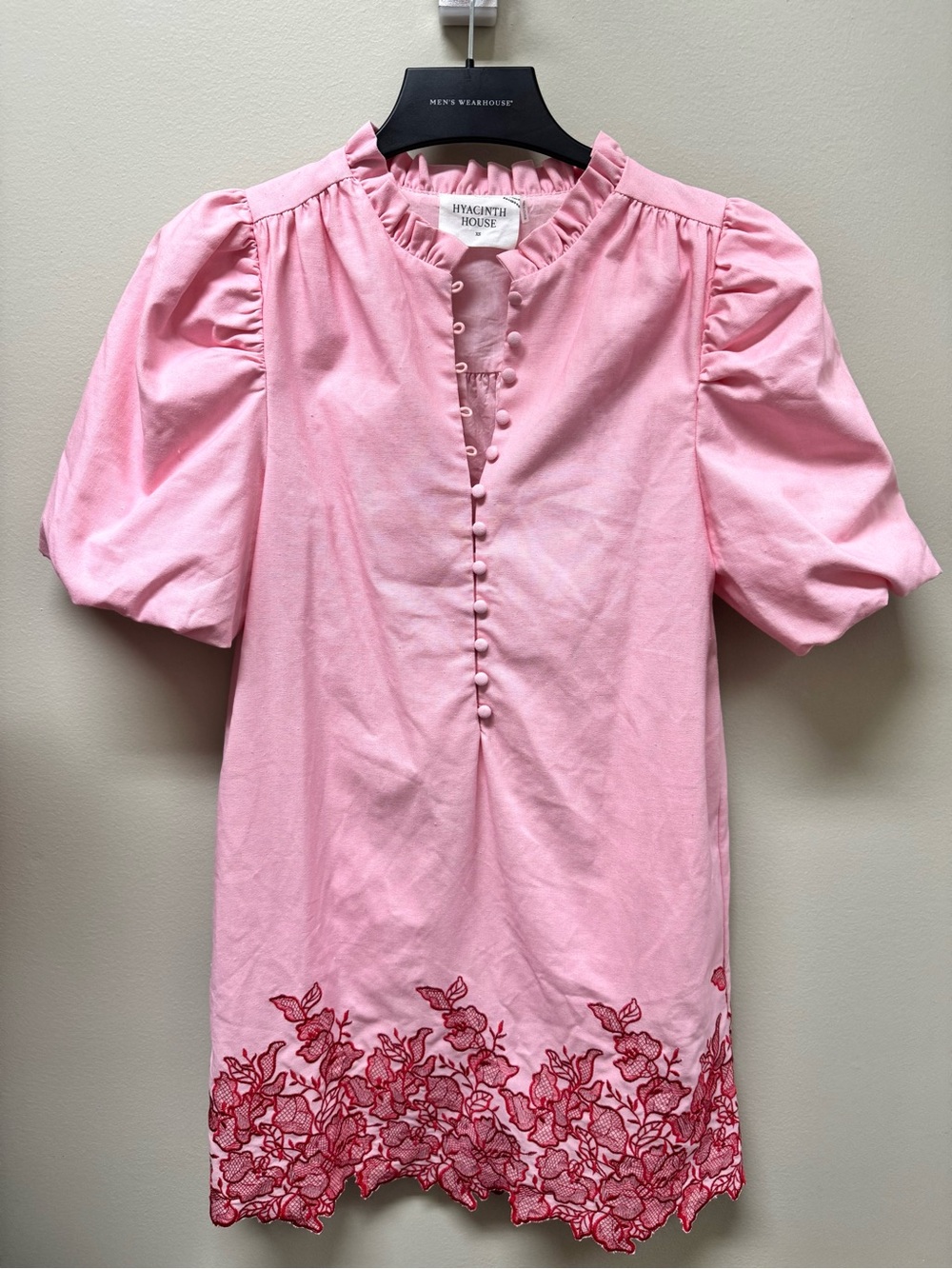 Pink Short Sleeve Shift Dress with Floral Hem - Picture 2 of 4